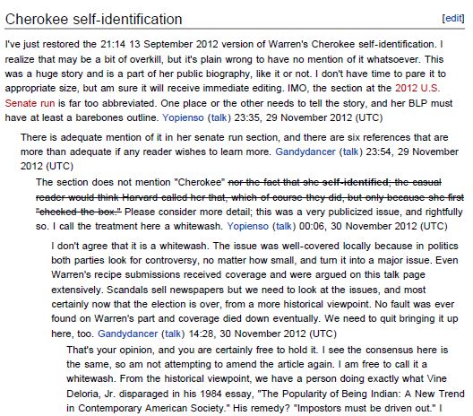 Warren Wikipedia Cherokee Controversy Talk