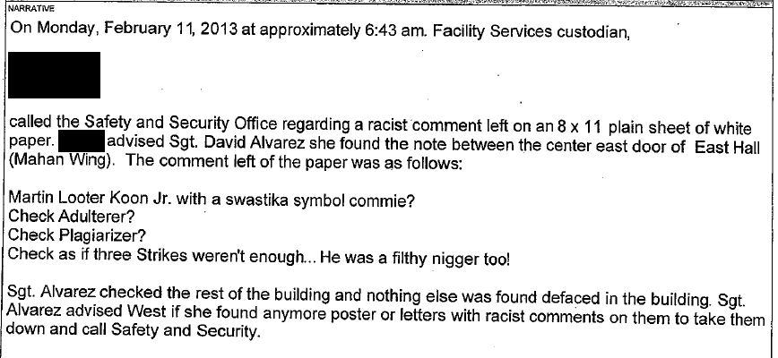 Oberlin - MLK hate poster - Incident Report