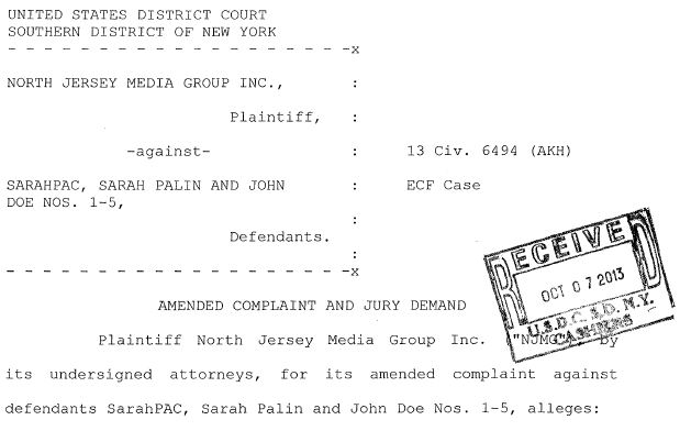 North Jersey Media Group v Palin Amended Complaint Caption