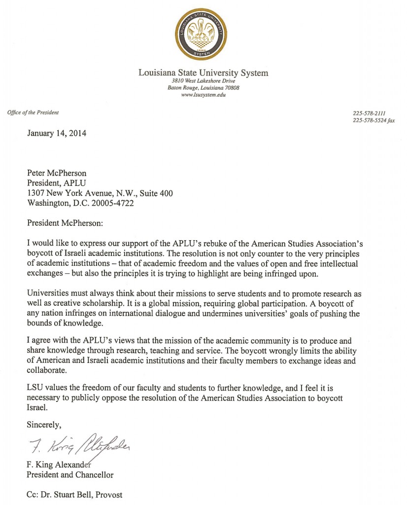 LSU System Letter re Israel Boycott, January 14, 2014