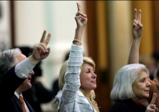 Wendy Davis rising victory sign via Facebook Page