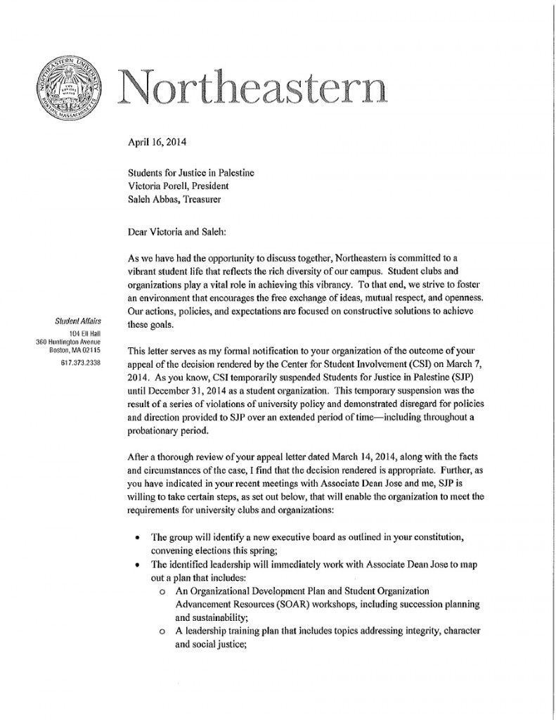 Northeastern SJP Reinstatement Letter Page 1 April 16, 2014