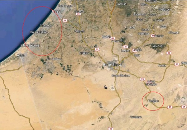 Dimona earth map relative to Gaza - circled