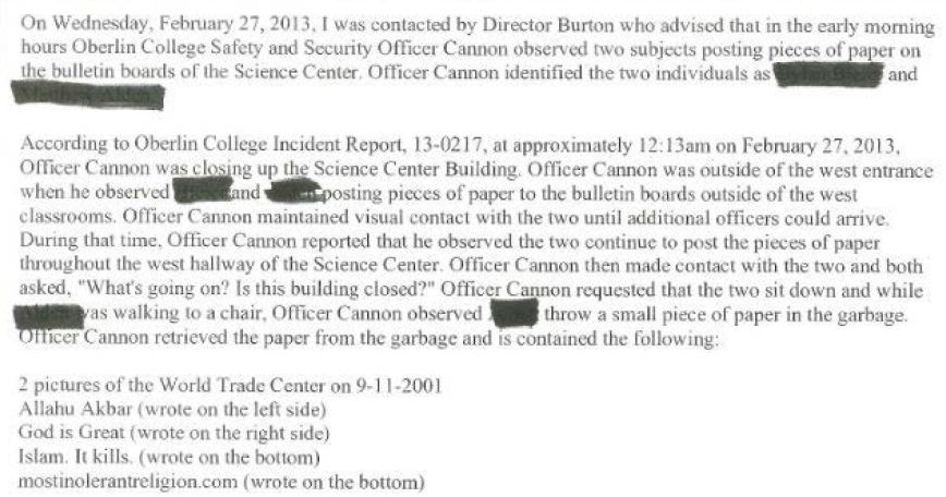 Oberlin Police Report excerpt February 27