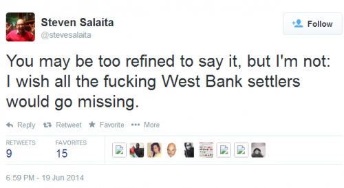 Twitter - @stevesalaita - I wish all the fucking West Bank settlers would go missing