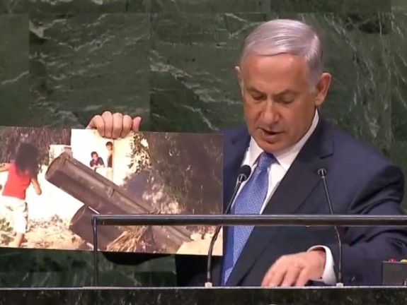 Benjamin Netanyahu UN General Assembly 9-29-2014 w poster