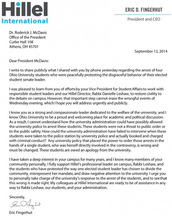 Hillel Letter to Ohio University re Student Arrests