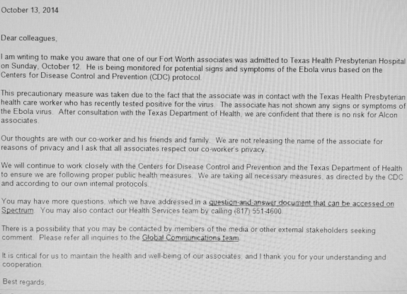 Ebola Note possible exposure Texas Presbyterian