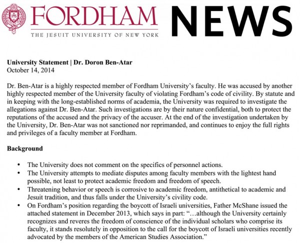 Fordham statement re Doron Ben-Atar