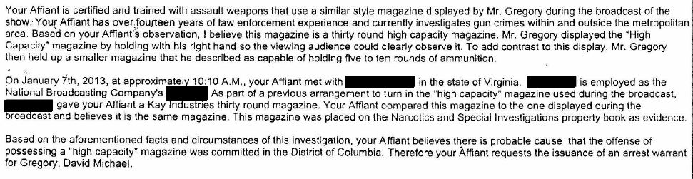 DC Police - Affidavit in Support of Arrest Warrant for David Gregory excerpt recommendation