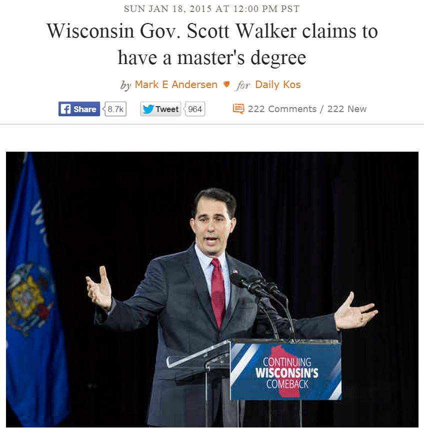 Daily Kos Scott Walker Claims To Have Masters Degree