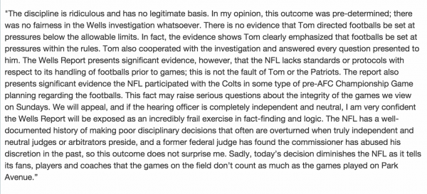 Full statement from Tom Brady's agent Don Yee deflategate new england patriots scandal