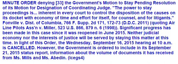 Judicial Watch FOIA Case Huma Abedin - Order Denying Motion for Stay 9-11-2015