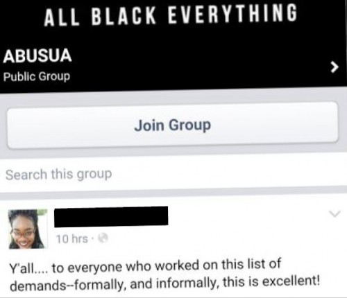 Oberlin Black Students Union Demand Facebook Group Post redacted