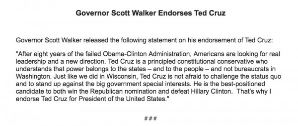 Scott Walker Statement Endorsing Ted Cruz
