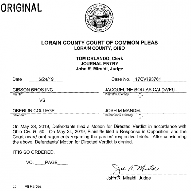 Gibson’s Bakery v. Oberlin College Defense motion for directed