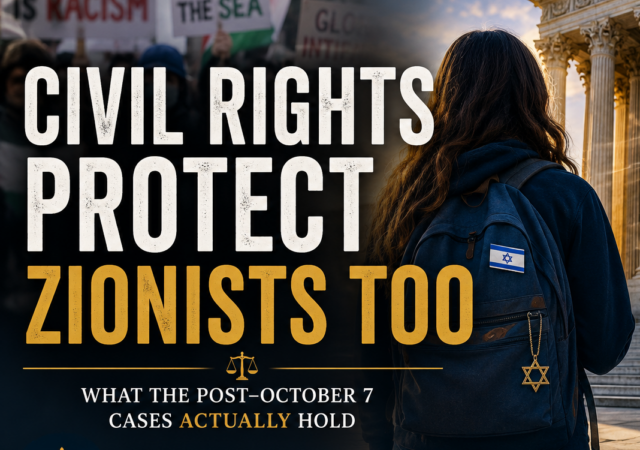 Featured image illustrating the growing body of post–October 7 court decisions recognizing civil-rights protections for Jewish and Zionist students. A student stands between anti-Israel protesters and a federal courthouse displaying major cases involving antisemitism, Israel, and civil-rights law.
